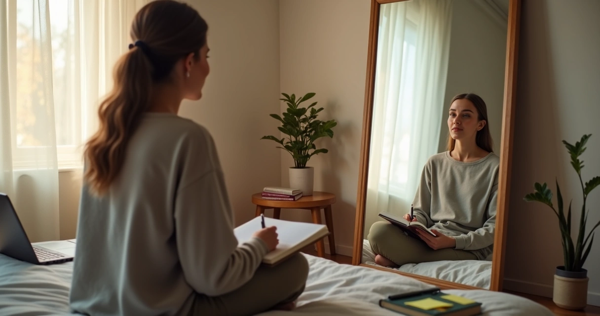 Pessoa sentada refletindo diante de espelho com versão confiante de si mesma 