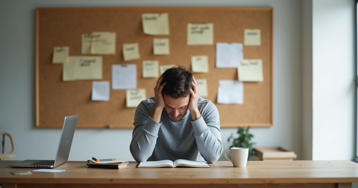 Profissional sentado com expressão pensativa diante de mural com lembretes negativos 