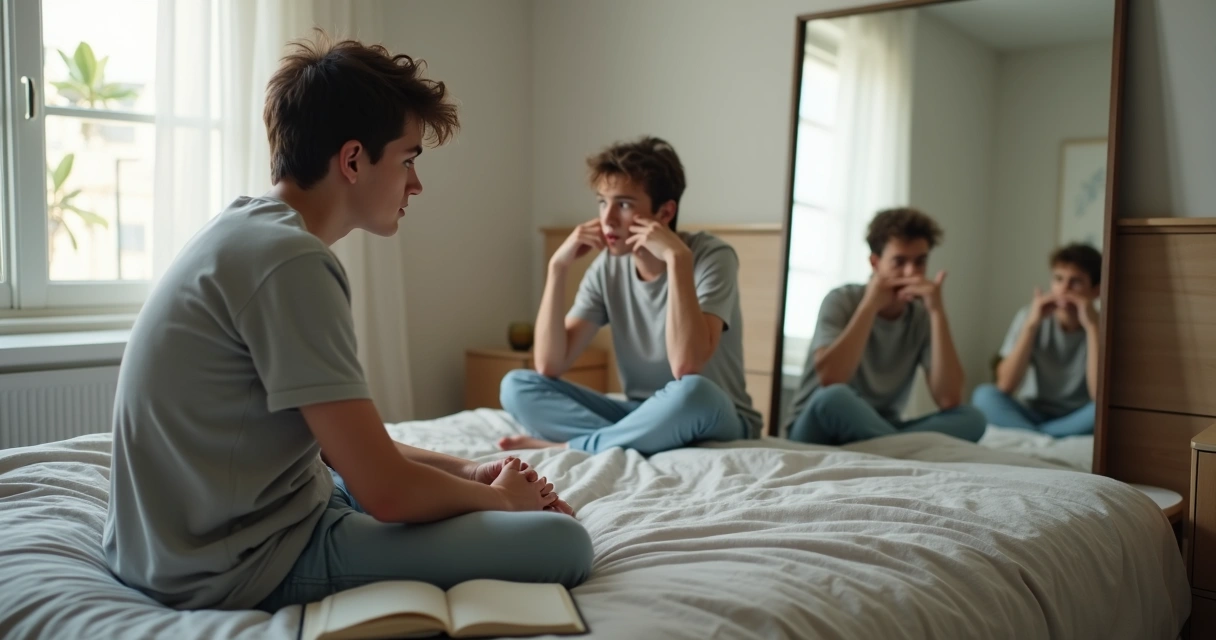 Pessoa sentada diante do espelho com expressão pensativa e várias versões de si mesma refletidas 