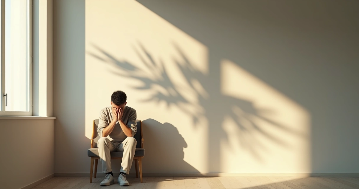 Pessoa refletindo com sombras simbolizando bloqueios emocionais 