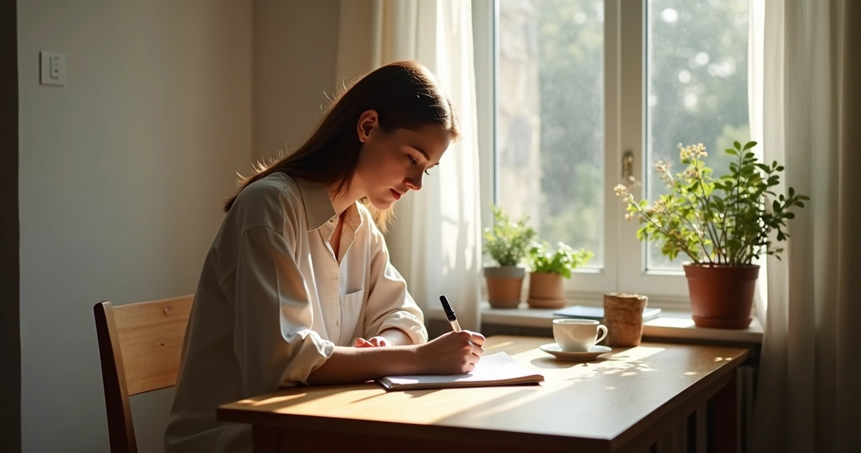Pessoa escrevendo em caderno e refletindo em ambiente silencioso