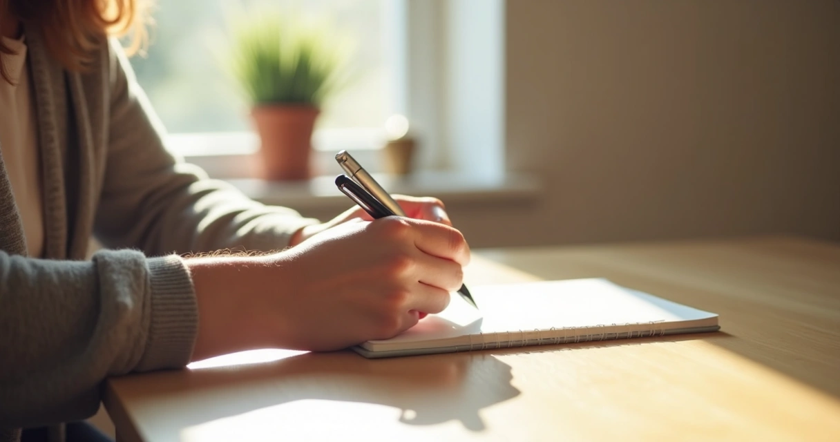 Pessoa sentada, escrevendo em um caderno enquanto reflete 