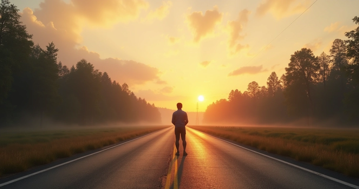 Pessoa parada em estrada olhando para o horizonte com árvores e céu ao fundo. 
