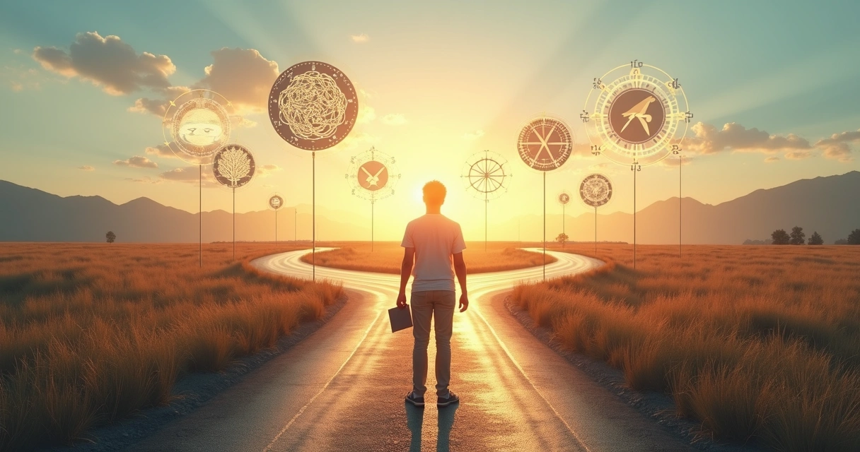 Pessoa em pé diante de vários caminhos com setas apontando direções opostas 