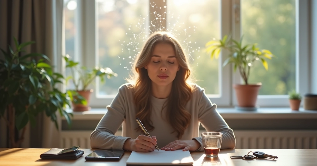 Pessoa de olhos fechados refletindo com feixes de luz saindo da cabeça em ambiente calmo 