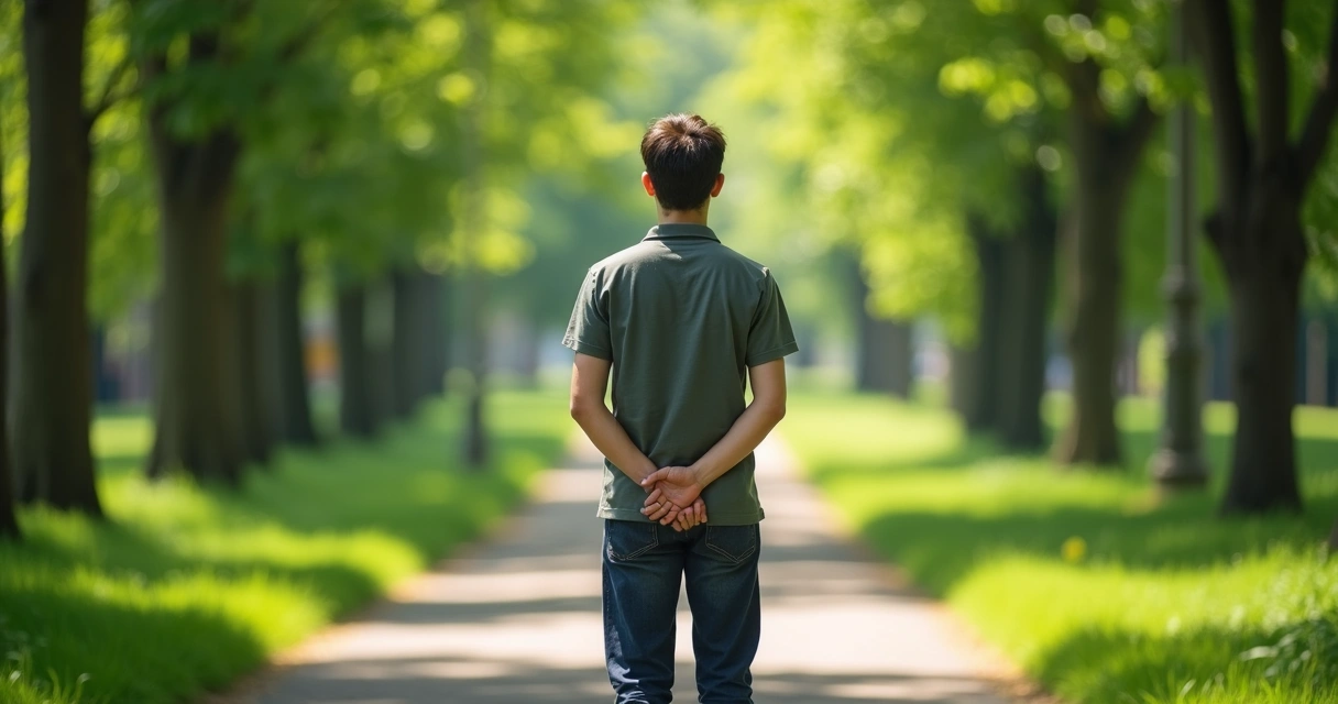 Pessoa olhando para diferentes caminhos em um parque, pensativa