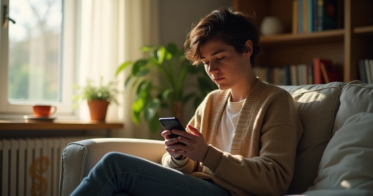 Pessoa olhando para o celular em clima de reflexão 