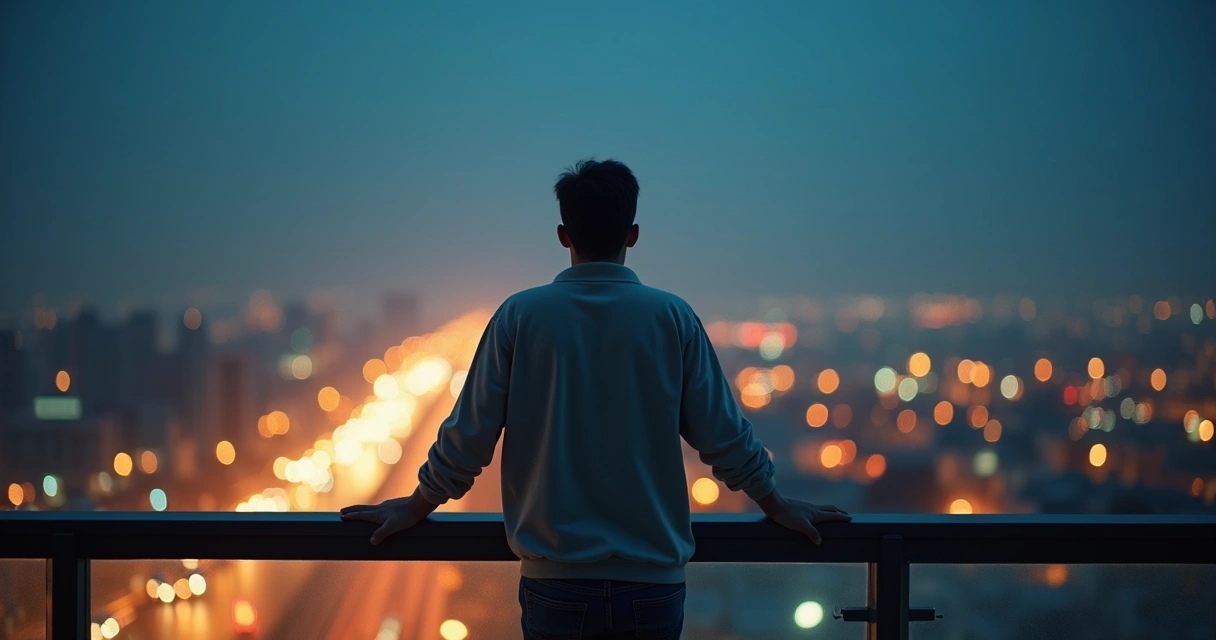 Pessoa olhando a cidade à noite pensativa em uma varanda alta 