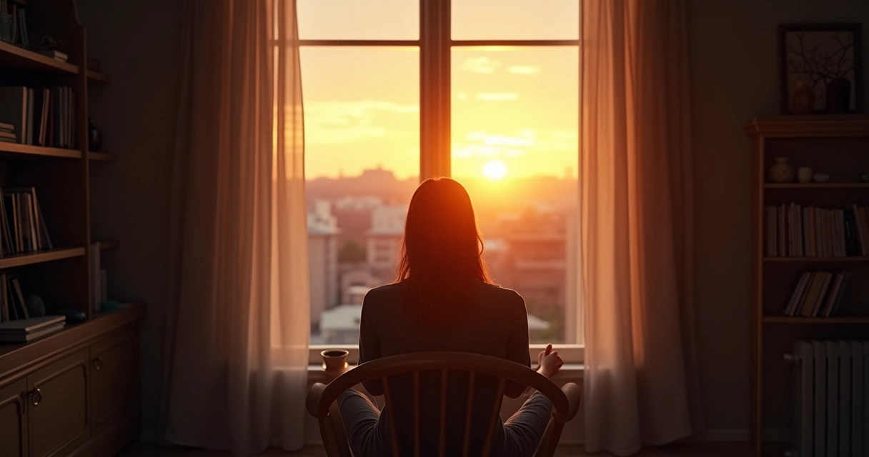 Pessoa sentada refletindo em frente a uma janela ao entardecer, ambiente tranquilo