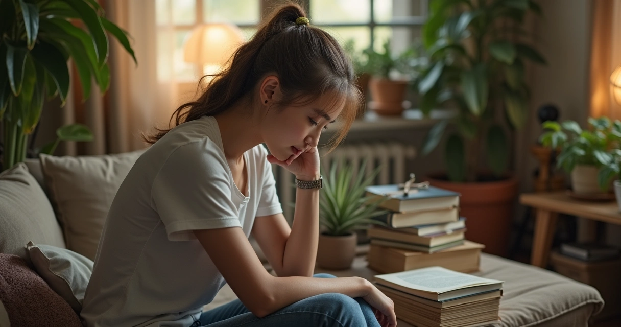 Pessoa refletindo em ambiente tranquilo 