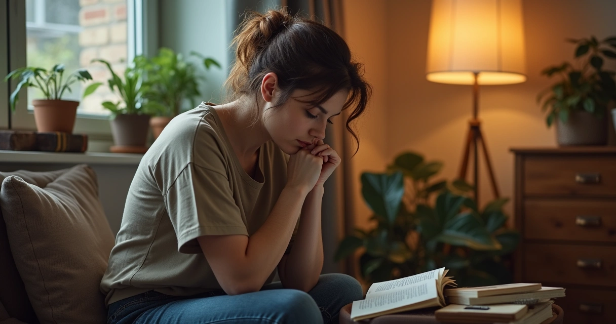 Pessoa sentada refletindo, ambiente tranquilo, livros e caderno ao lado