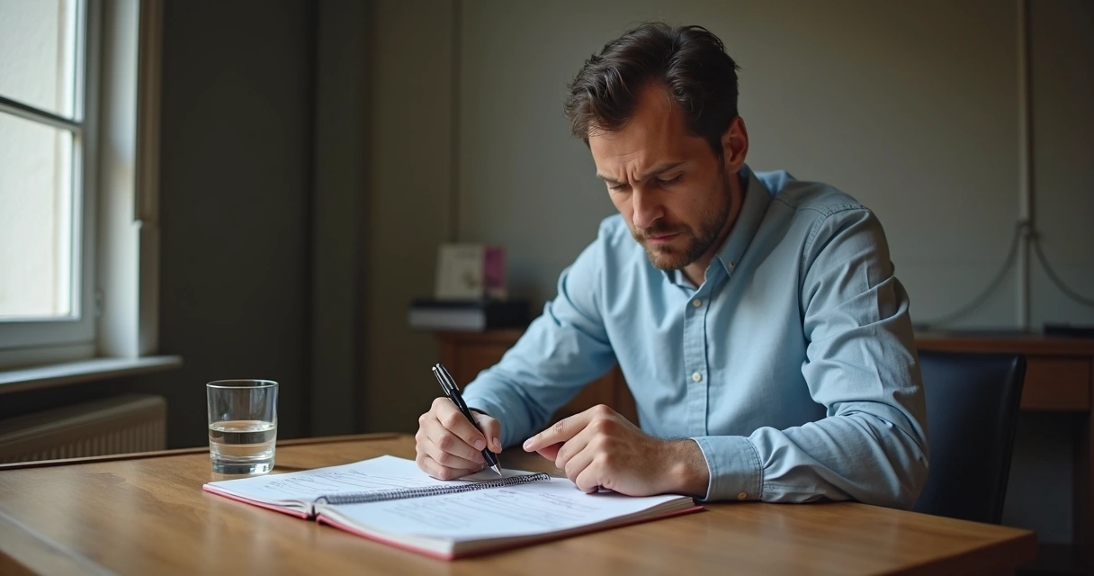Pessoa anotando opções de decisão em uma mesa clara 