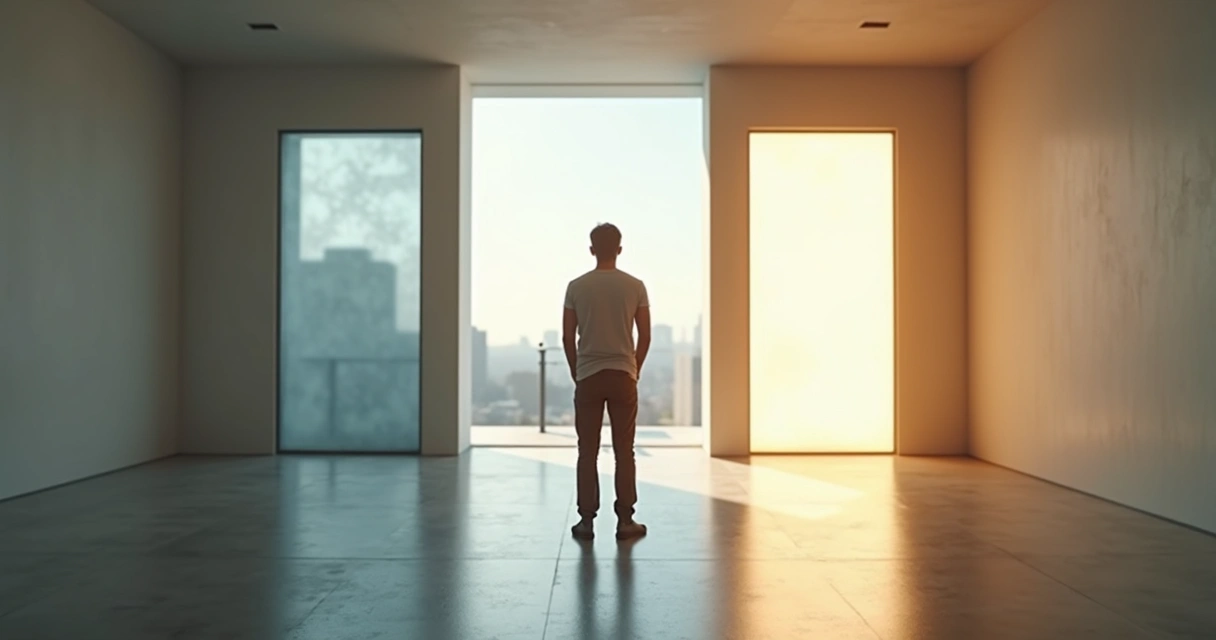 Pessoa em pé diante de duas portas luminosas refletindo sobre decisão 