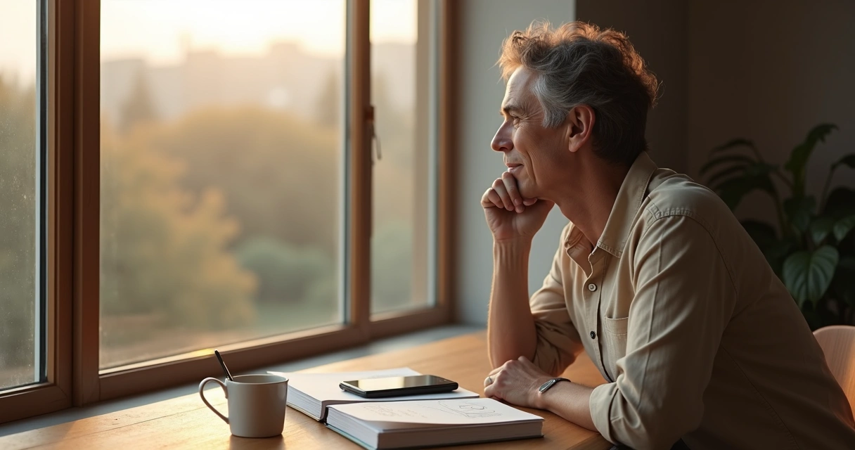 Pessoa adulta sentada à mesa olhando pela janela enquanto reflete sobre uma decisão importante 