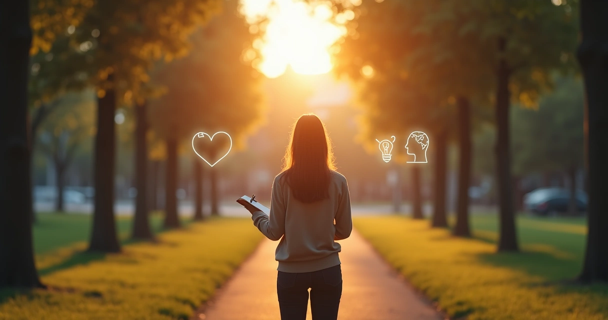 Pessoa em pé diante de múltiplos caminhos iluminados segurando um caderno de perguntas 