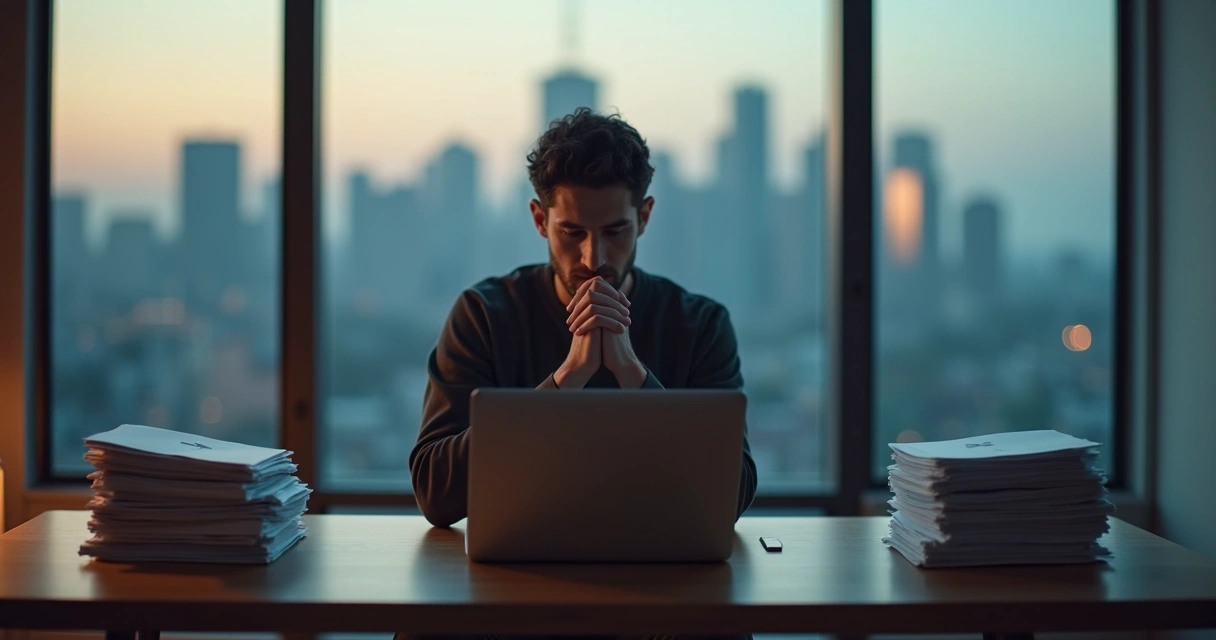 Pessoa sentada pensando diante de encruzilhada com setas opostas 