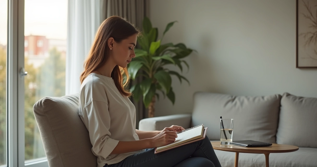 Pessoa sentada perto da janela refletindo em silêncio com expressão serena 