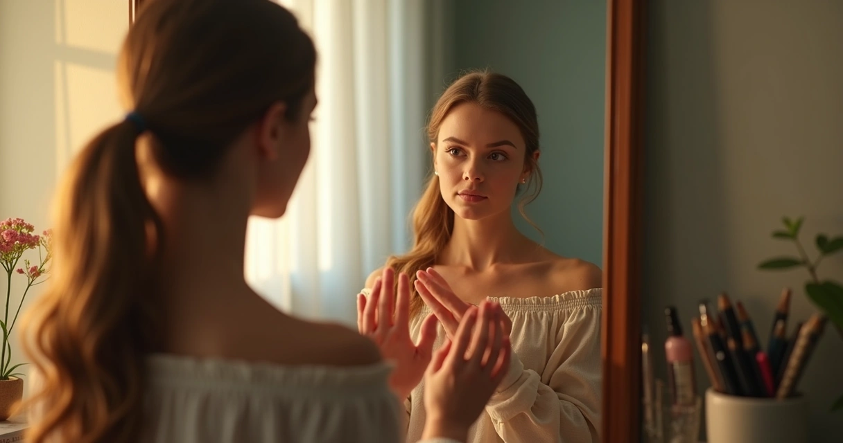 Pessoa olhando para si mesma em um espelho, refletindo sobre seus sentimentos 