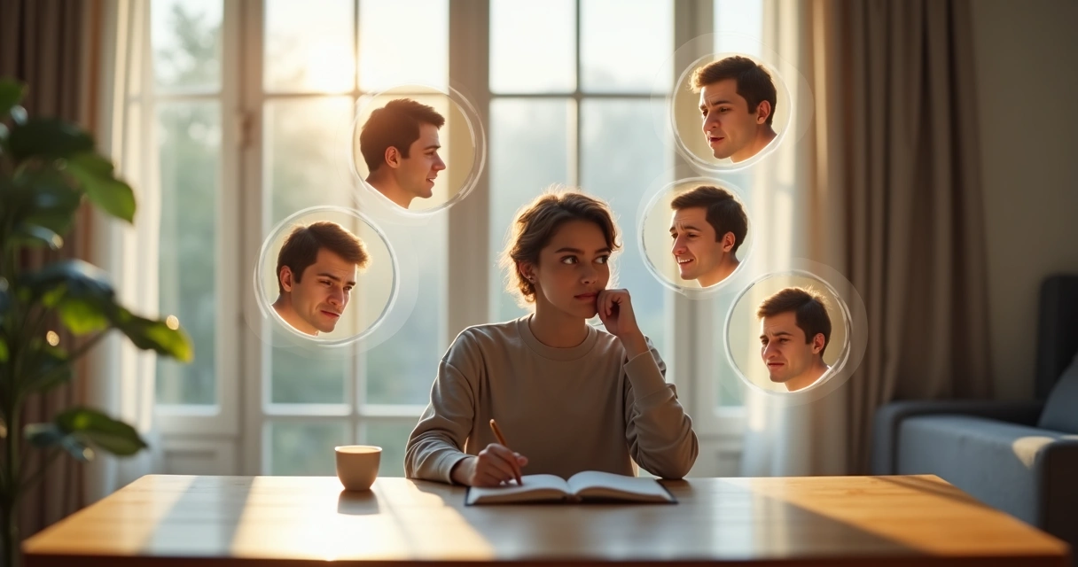 Pessoa refletindo com expressões emocionais em volta conectadas por linhas 