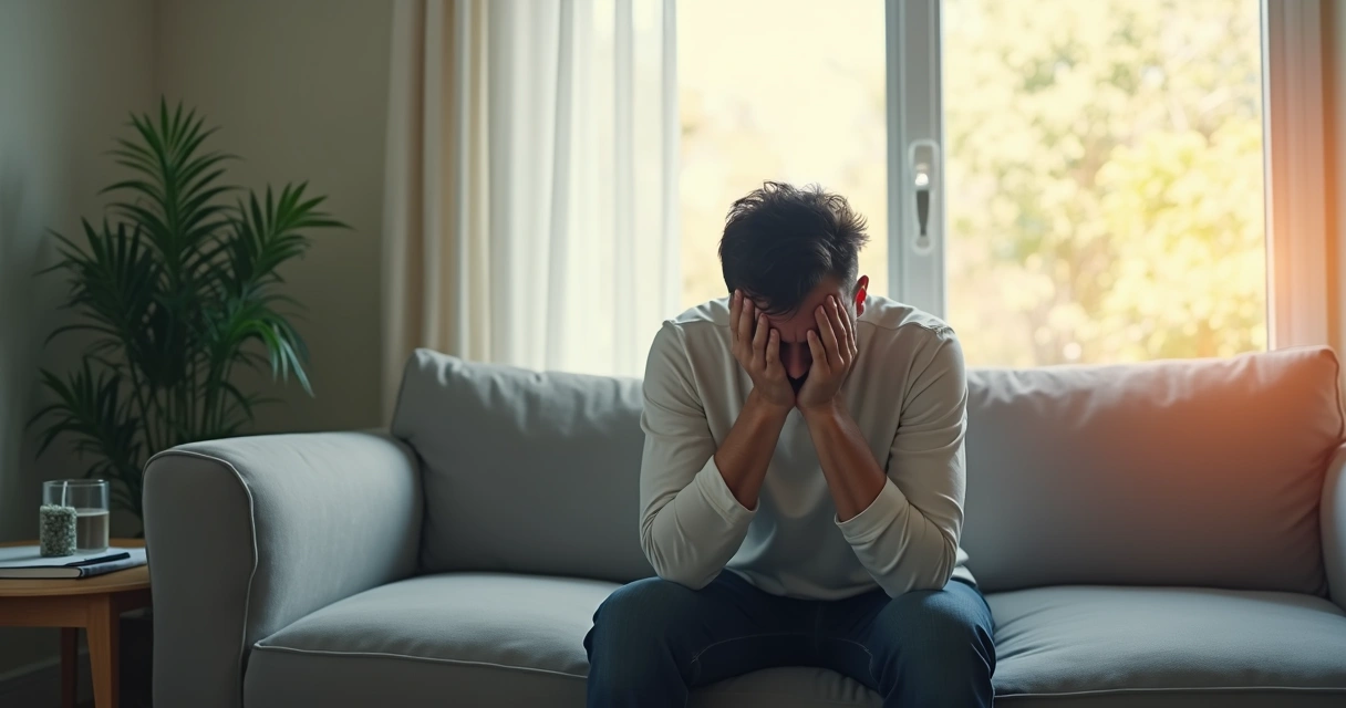 Pessoa sentada no sofá refletindo sobre emoções desconfortáveis 