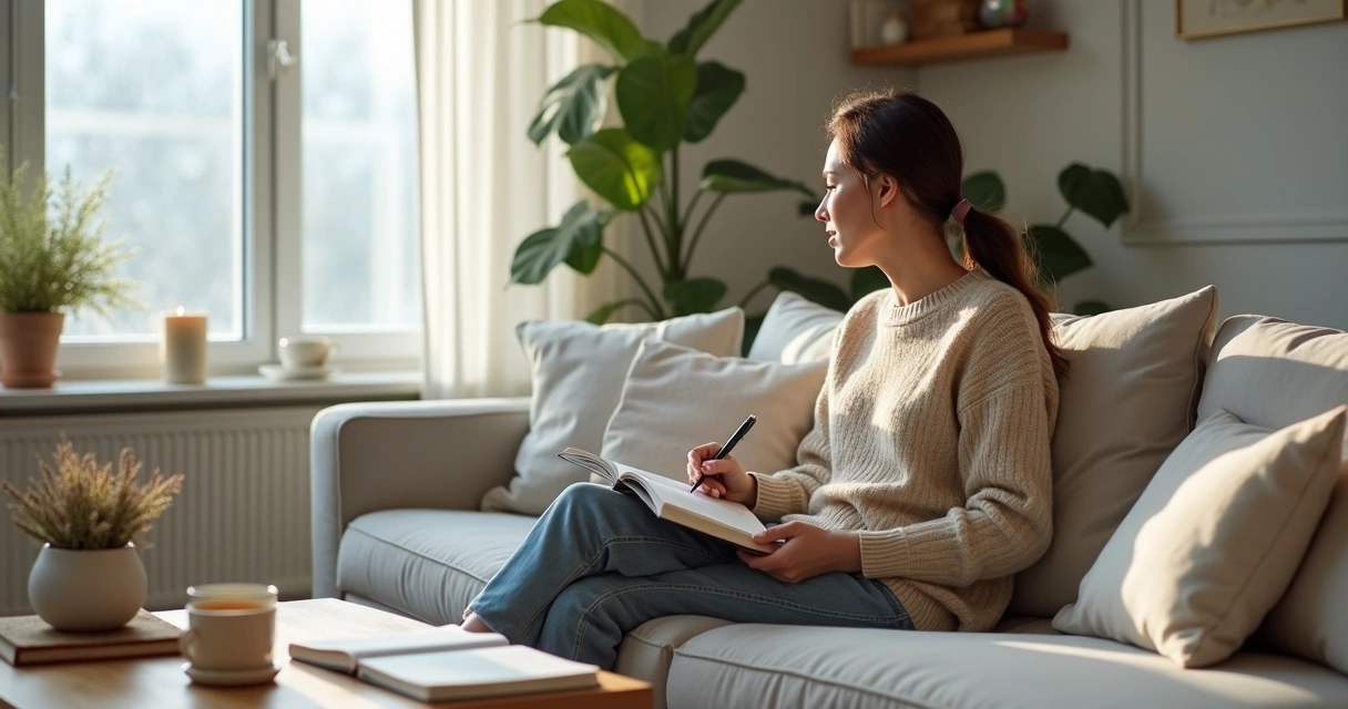 Pessoa sentada na sala olhando pela janela em momento de reflexão calma 