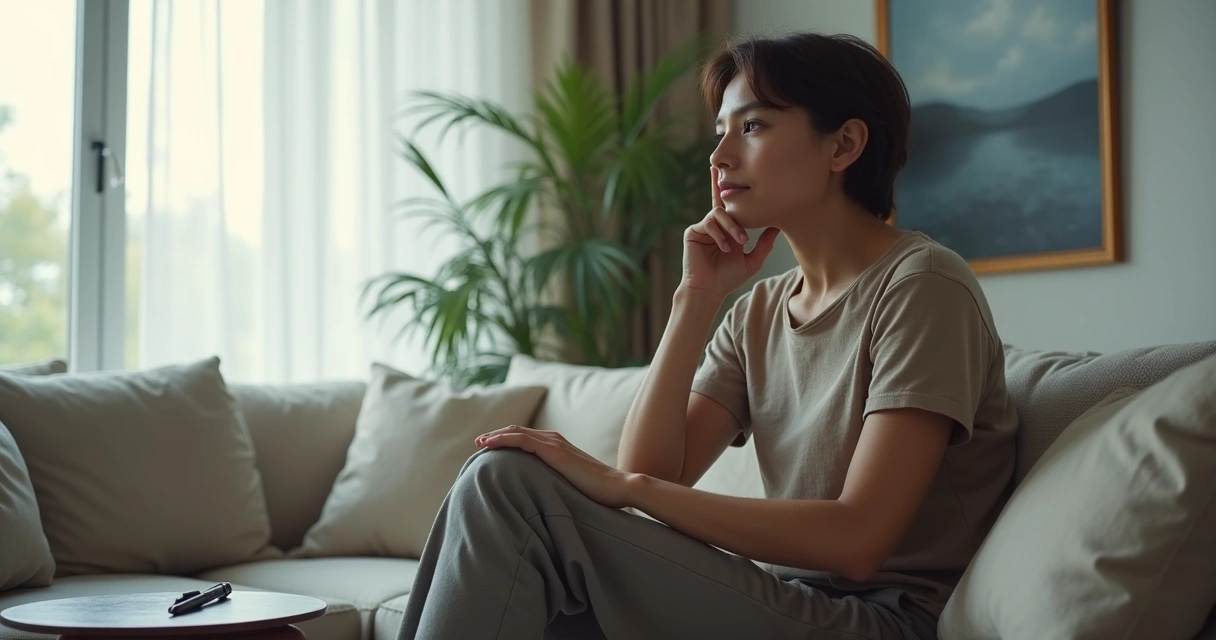 Adulto sentado em sofá com expressão pensativa em ambiente de luz suave 