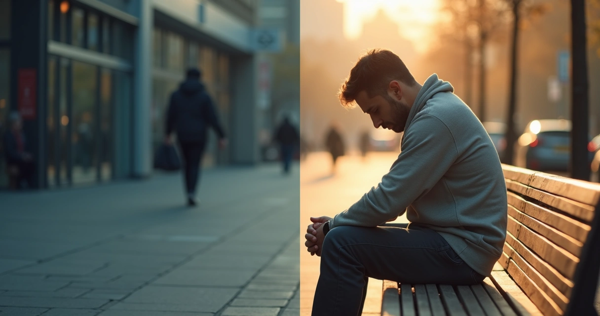Pessoa sentada em ambiente urbano dividida entre sombra e luz, simbolizando emoções reprimidas 