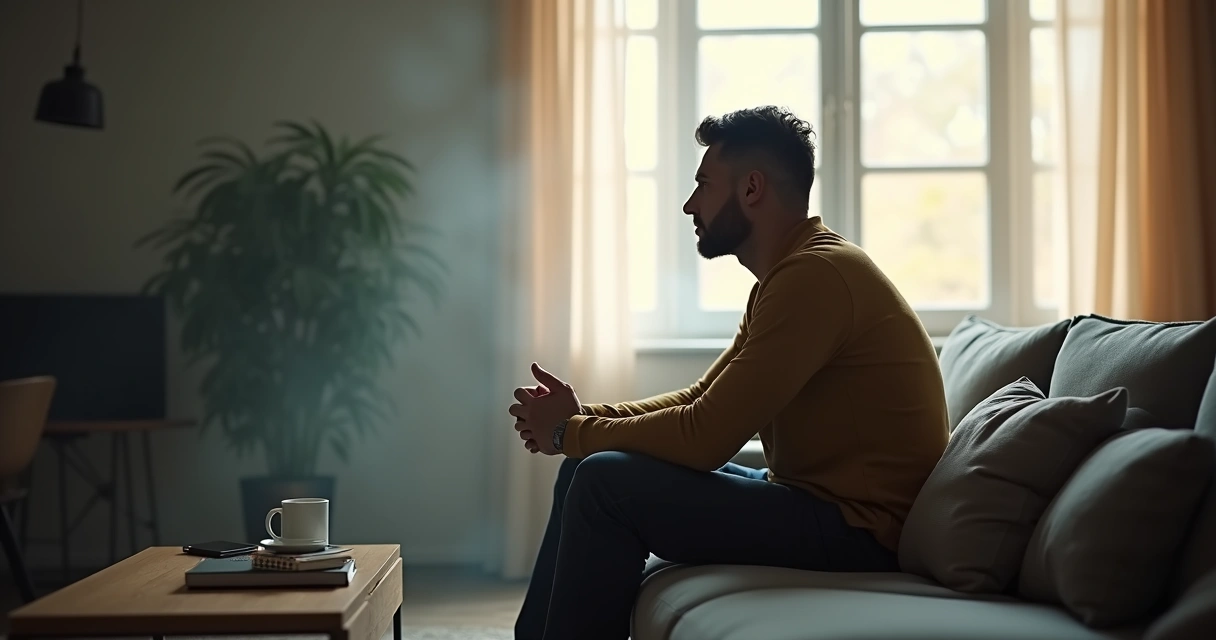 Pessoa sentada em um sofá em casa olhando pela janela em atitude reflexiva 