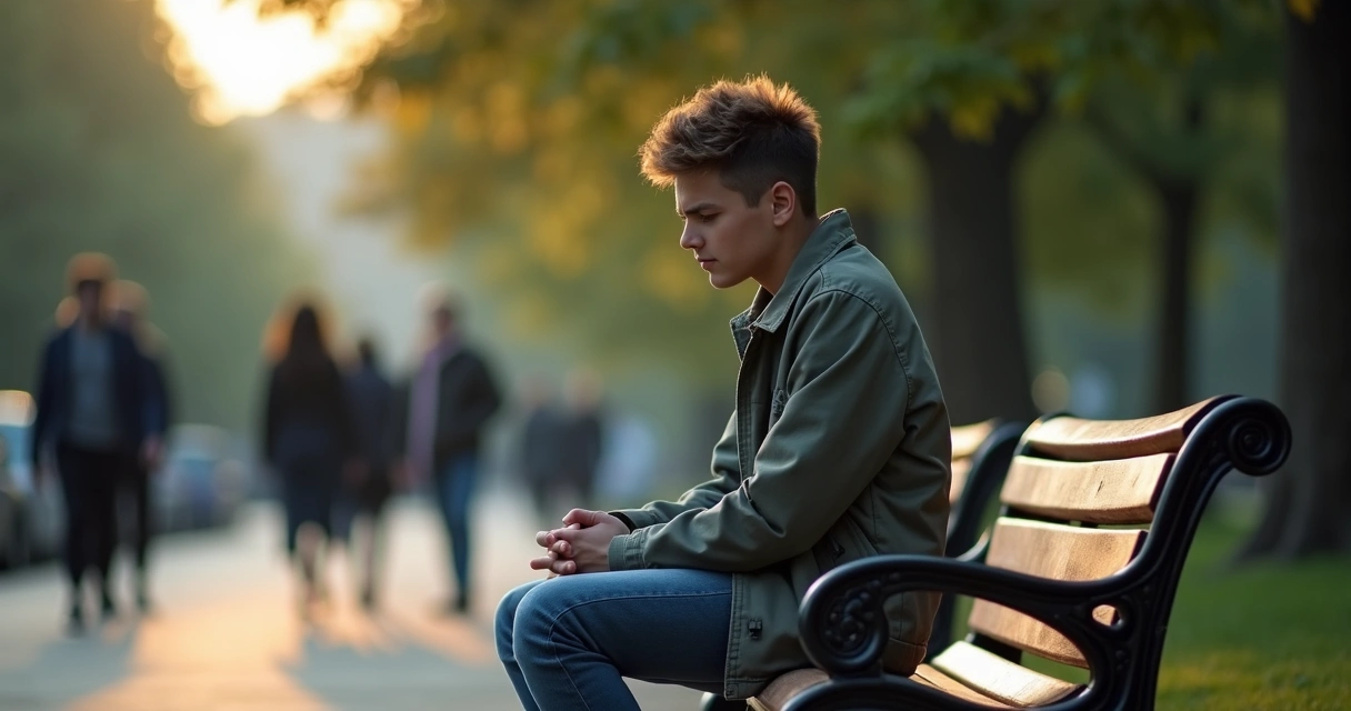 Pessoa sozinha pensativa em meio a outras pessoas desfocadas 