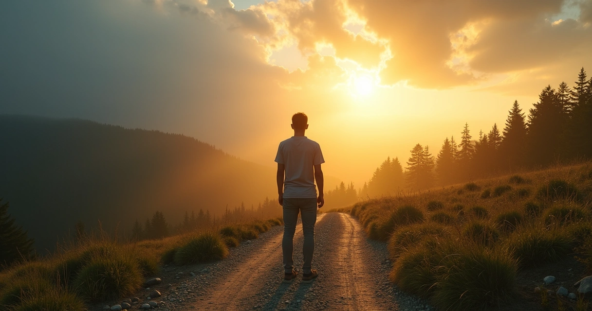 Pessoa refletindo em uma encruzilhada entre caminho escuro e caminho iluminado 