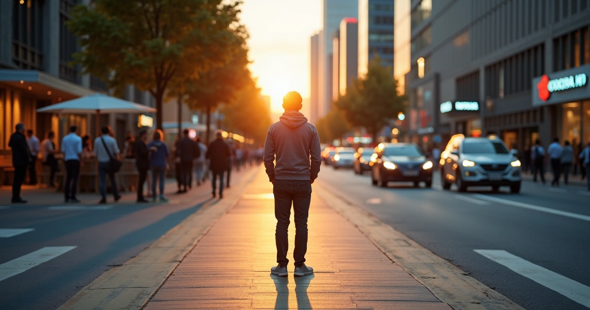 Pessoa refletindo diante de dois caminhos em paisagem urbana 