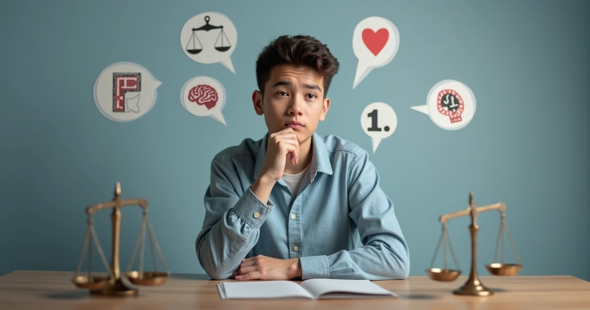 Pessoa pensativa com mão no queixo, ao lado de símbolos de escolha ética 