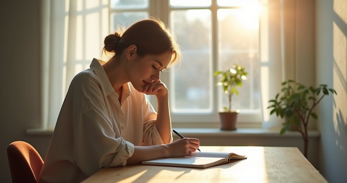 Pessoa sentada refletindo sobre decisão, com luz suave e bloco de notas na mesa. 