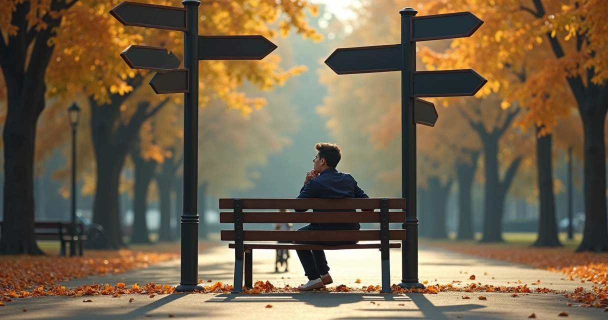 Pessoa sentada olhando para várias placas de direção 