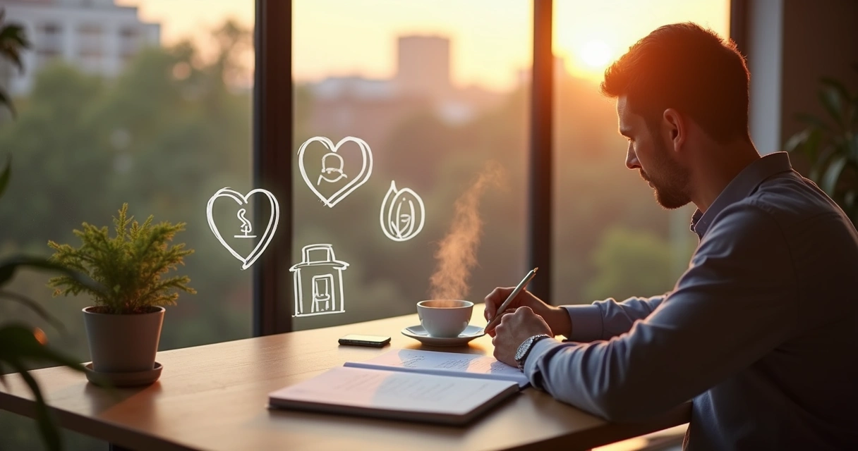 Pessoa sentada perto de janela refletindo com caderno e símbolos de escolhas ao redor 
