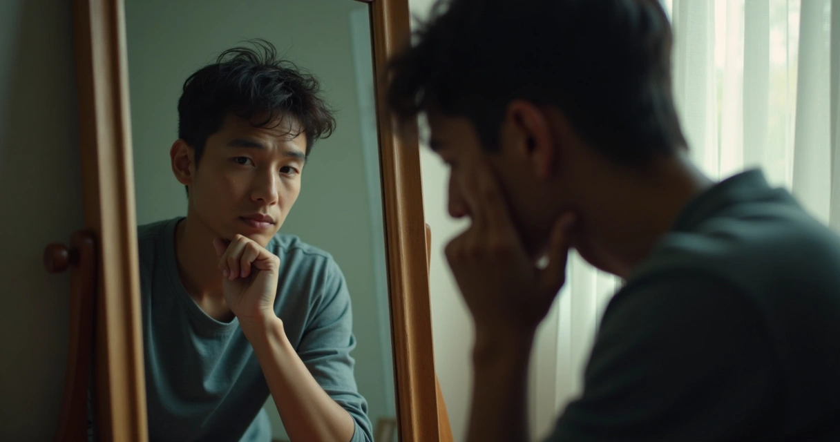 Pessoa olhando para um espelho, refletindo sobre si mesma