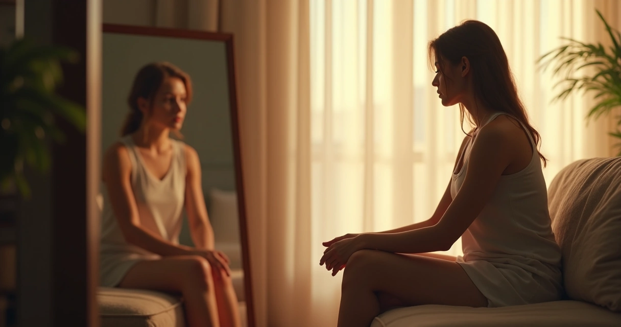 Pessoa olhando para si mesma no espelho com expressão tranquila 