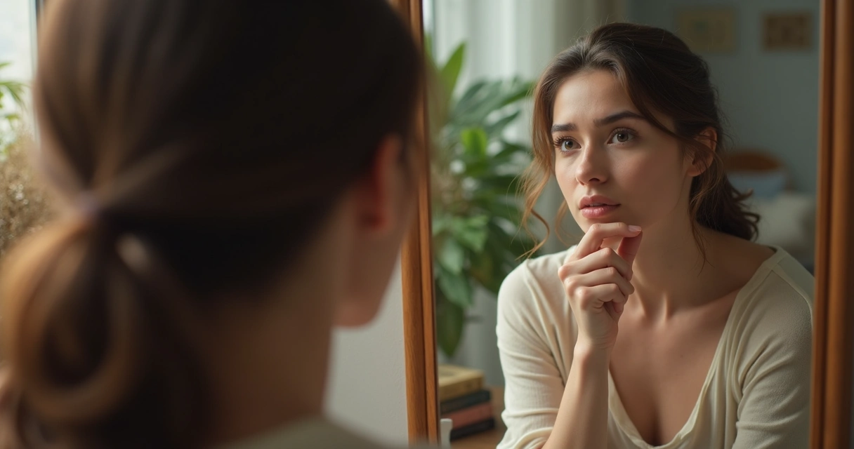 Pessoa olhando para o próprio reflexo em um espelho, pensamento reflexivo 