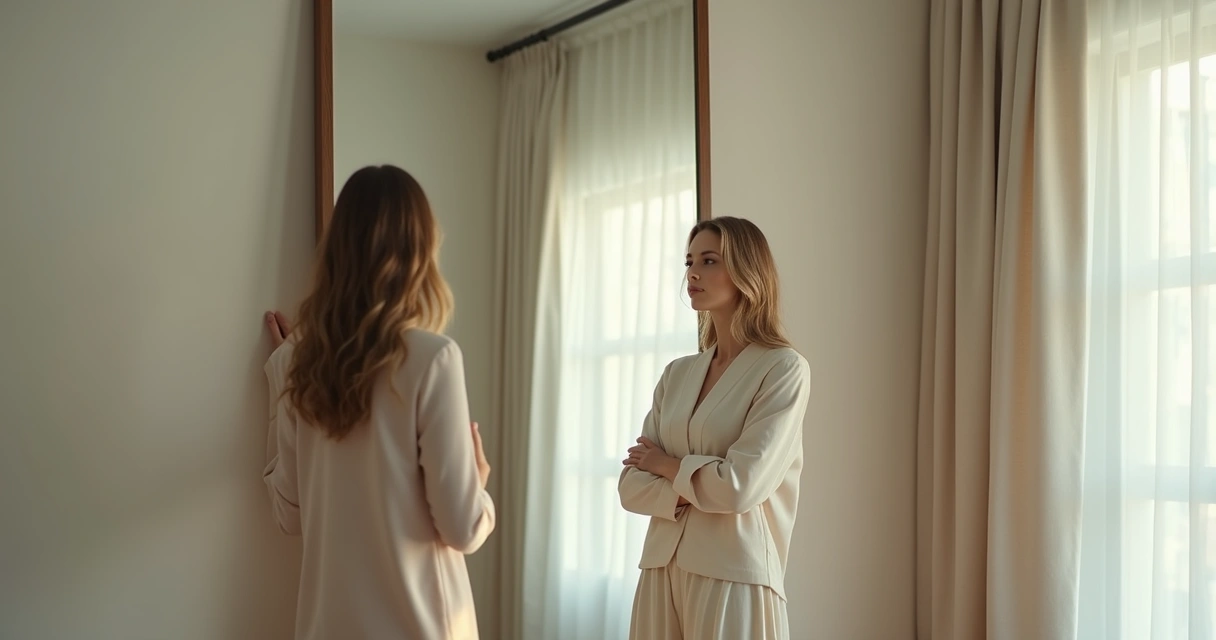 Pessoa olhando para si mesma no espelho, em momento de reflexão 