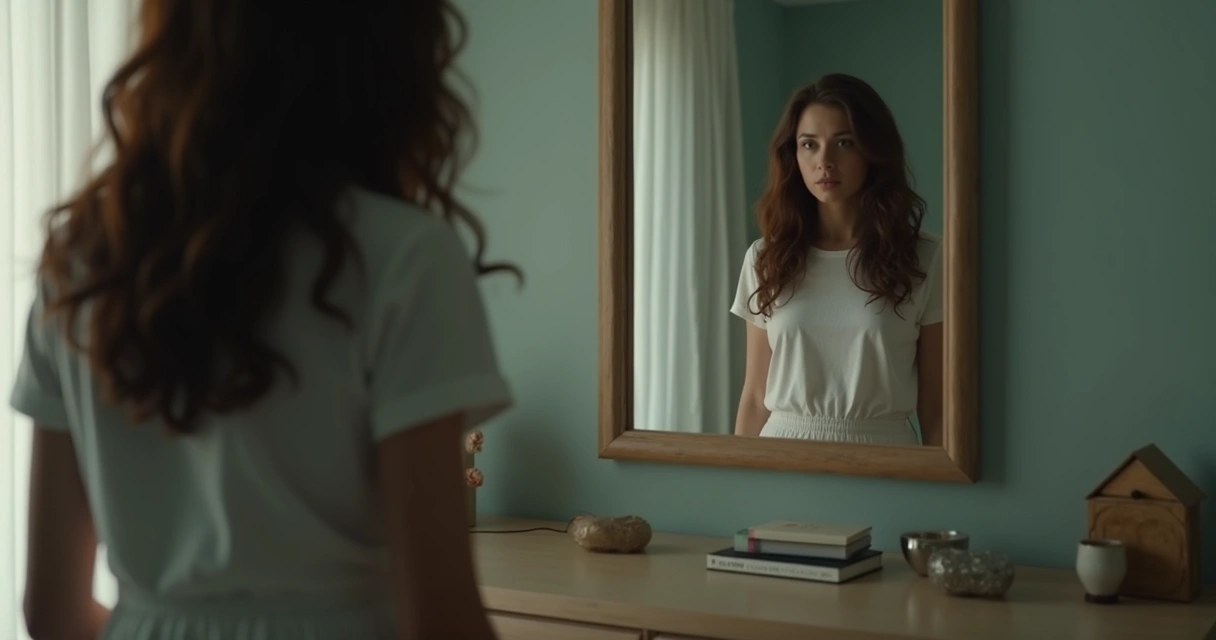 Pessoa olhando reflexo no espelho, expressão pensativa, quarto levemente iluminado 