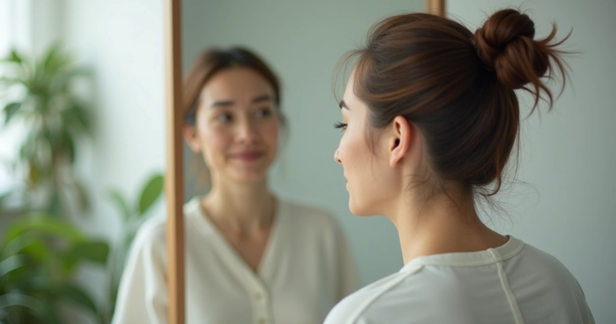 Pessoa refletindo diante de um espelho em ambiente sereno 