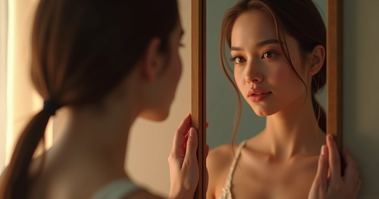 Pessoa olhando para o próprio reflexo no espelho com expressão pensativa 