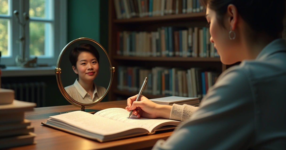 Pessoa olhando um espelho entre livros e anotações