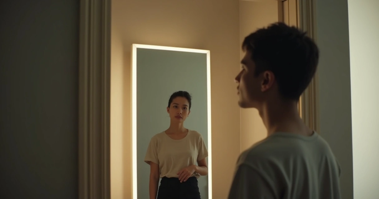 Pessoa se olhando no espelho em reflexão sobre atitudes pessoais.