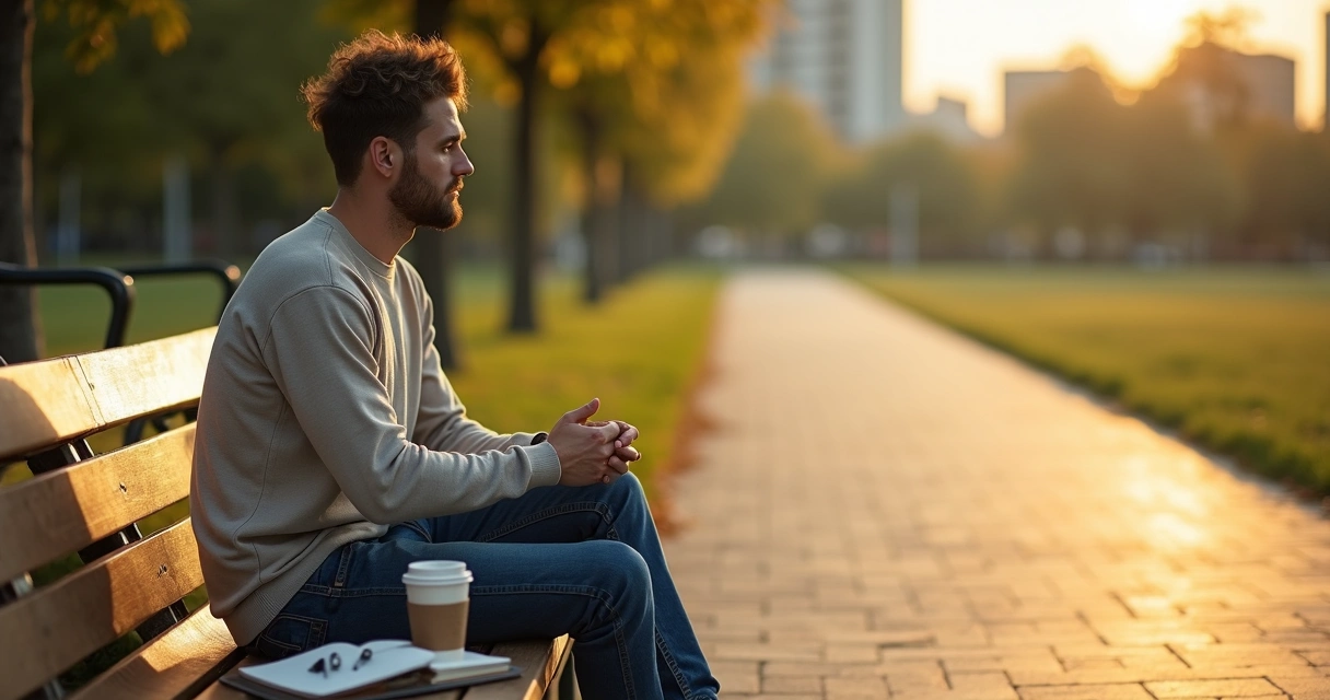 Pessoa sentada em banco olhando horizonte com sensação de estagnação e reflexão interior 