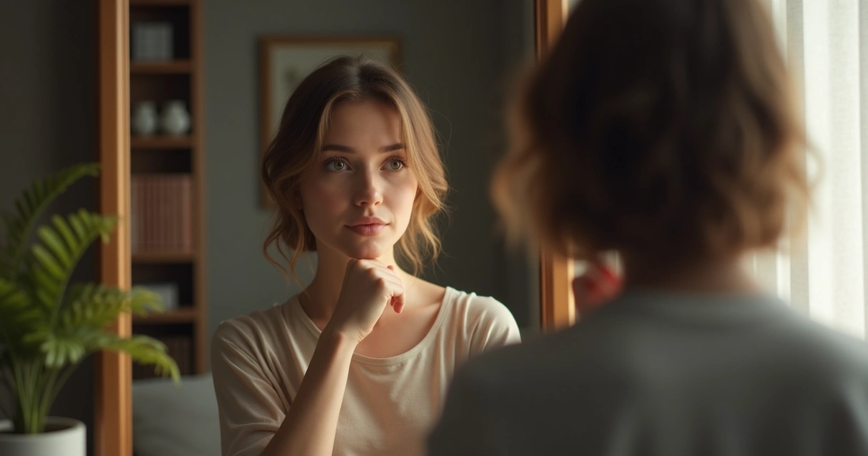 Pessoa diante do espelho, mão no queixo, pensativa 