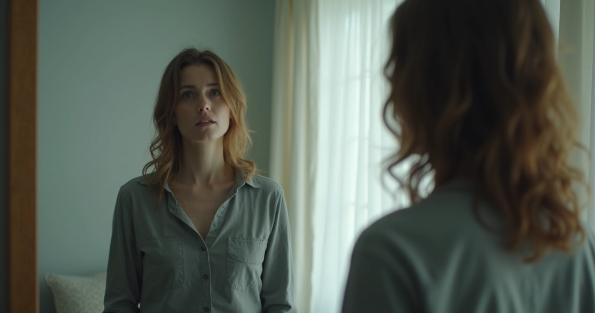 Pessoa olhando para um espelho com expressão pensativa 