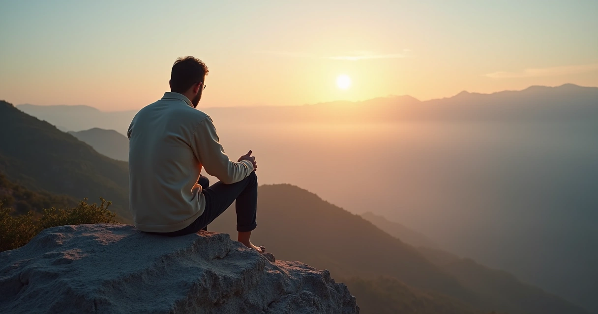 Pessoa sentada em penhasco ao amanhecer refletindo em silêncio 