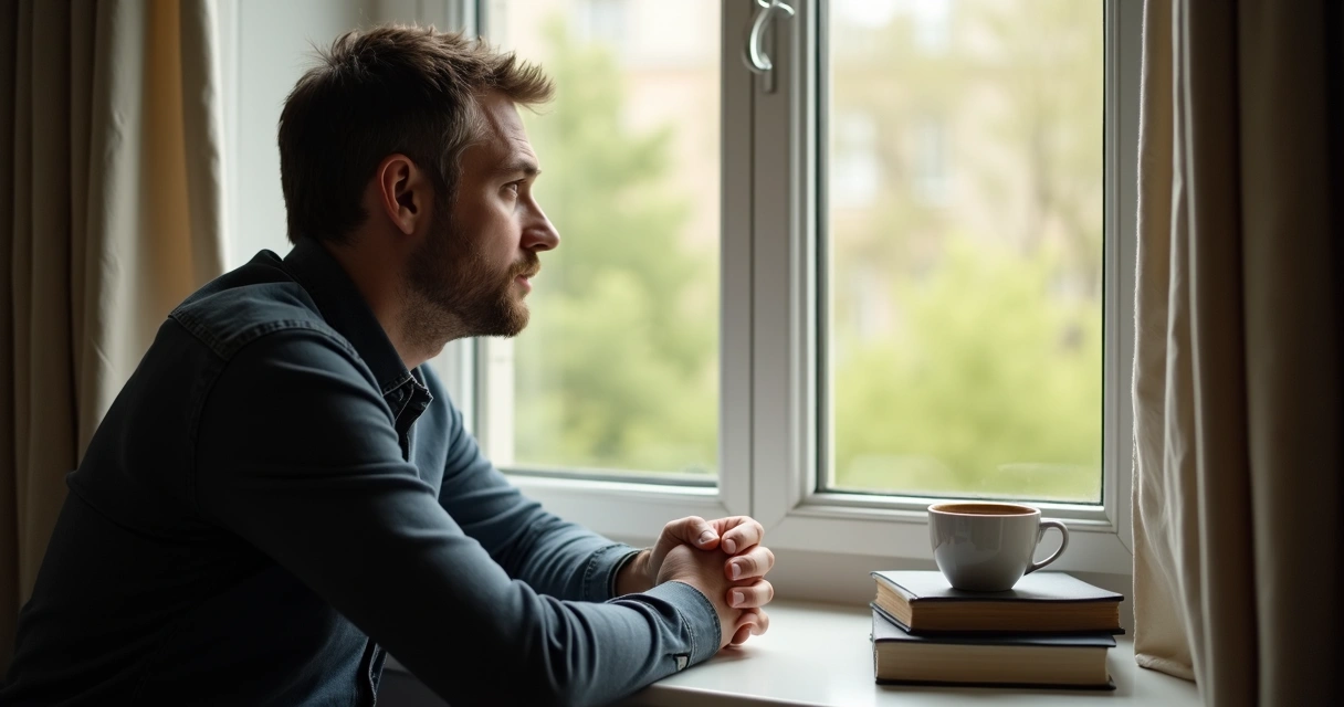 Pessoa olhando pela janela, pensativa, refletindo. 