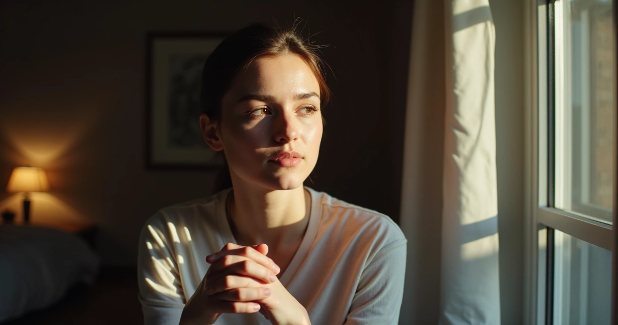 Pessoa olhando pela janela, parecendo refletir 